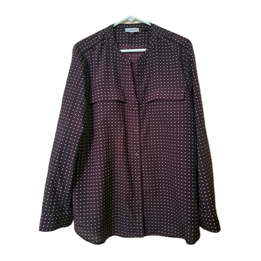 Calvin Klein Womens Blouse Purple Polka Dot Long Sleeve Shirt Button Down